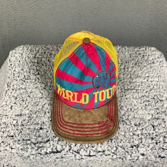 Vintage True Religion Trucker Cap OSFM World Tour Embroidered Mesh Leather Y2k
